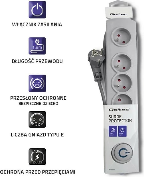 Kasë Qoltec 50270 me 5 dalje, 1.8m, Gri