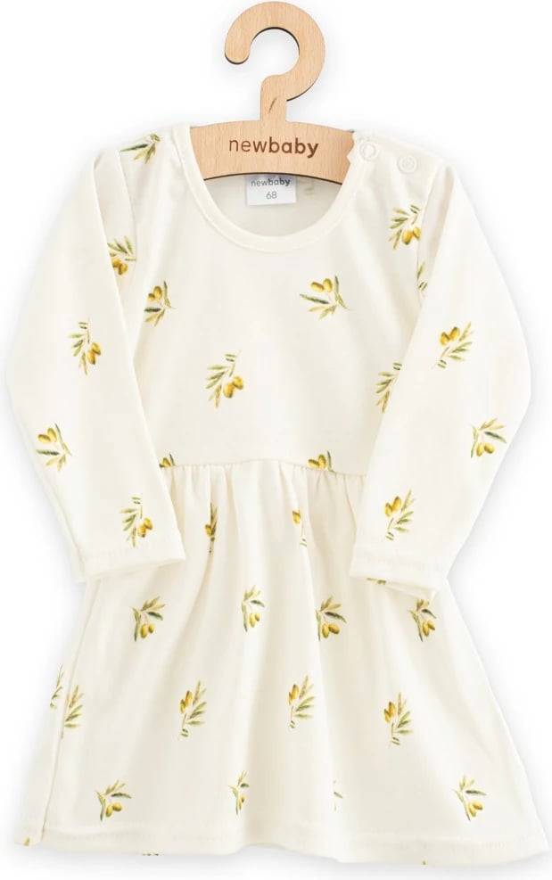 Fustan bebe, NEW BABY, Olivy, 100% pambuk organik, me mëngë të gjata, madhësi 56 (0-3m), bezhë