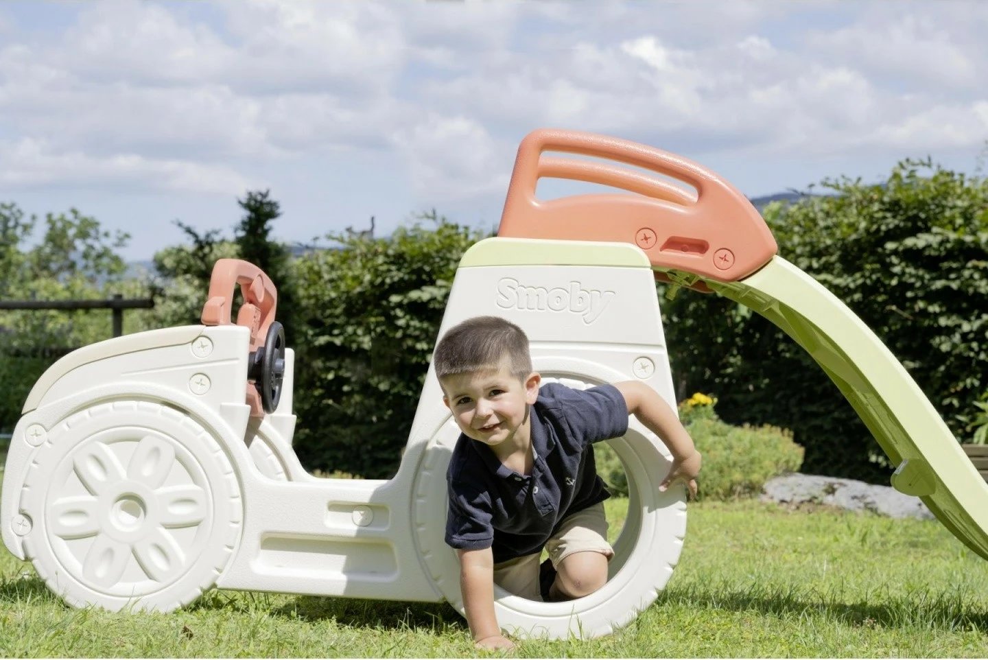 Lodër kopshti Smoby Adventure Car, plastikë e ricikluar, me rrëshqitëse, kafe/krem/gri/jeshile