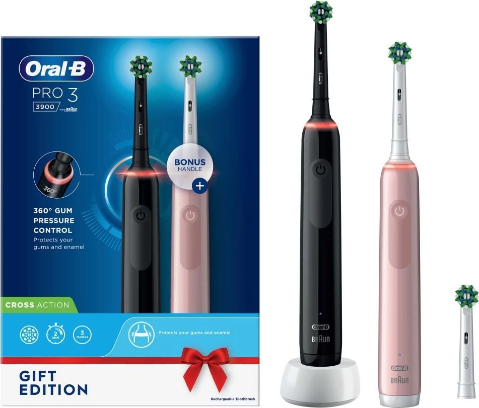 Furçë dhëmbësh elektrike Oral-B Pro 3 3900 Duo, e zezë/rozë