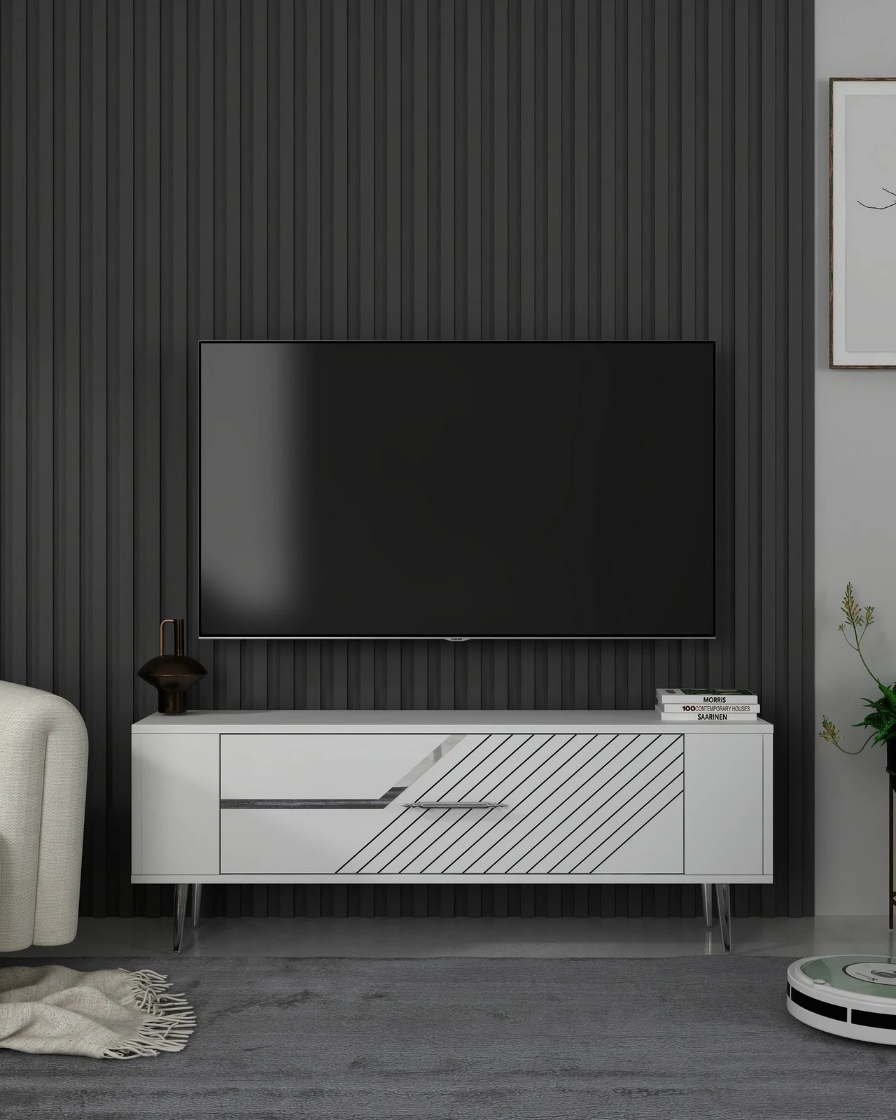 Komodë TV moderne, ngjyrë e bardhë dhe argjendtë, Skye Decor Retrolp5