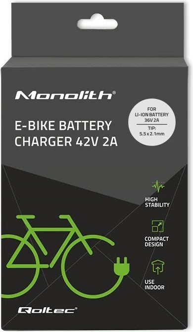 Karikues Qoltec 50760 për bateri e-bike, 36V | 42V | 2A, i zi