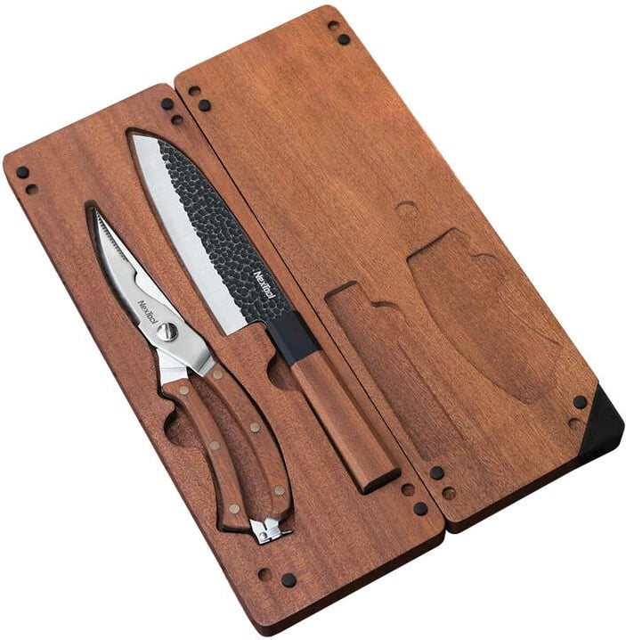 Set kuzhine për kamping Nextool NE20171 me dërrasë prerëse druri dhe thikë Santoku, kafe