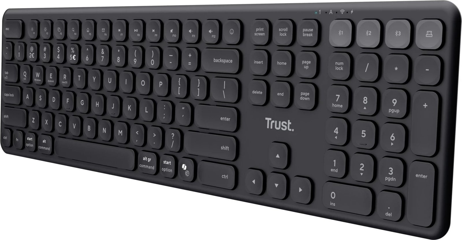 Tastierë Trust Vaiya, USB + RF Wireless + Bluetooth, US English, E zezë