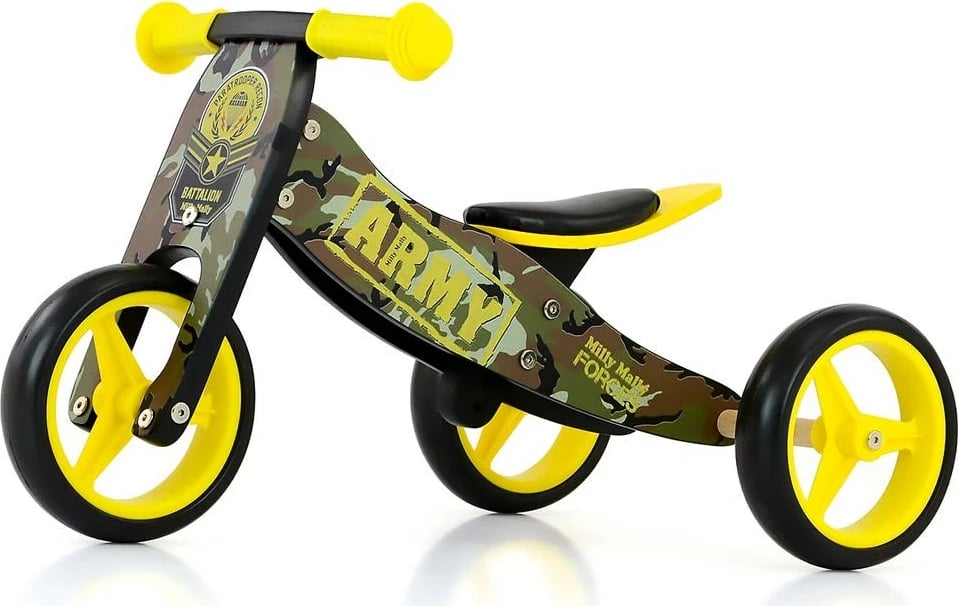 Bicikletë balancuese/tricikël druri 2-në-1, Milly Mally, JAKE Army, rrota shkumë 7", sedilje e rregullueshme, e gjelbër