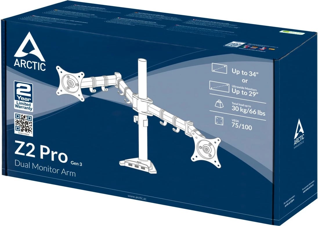 Krah monitori ARCTIC Z2 Pro, Gen 3, USB 3.0 Hub, 15 kg, 34", i zi
