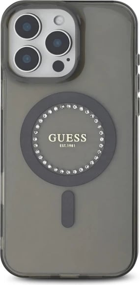 Mbështjellës Guess IML Rhinestones MagSafe për iPhone 16 Pro, Zi