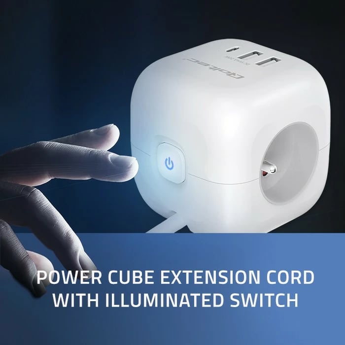 Kasë Qoltec 52547, 3x AC, 2x USB, 1x USB-C PD 20W, 2m, Bardhë