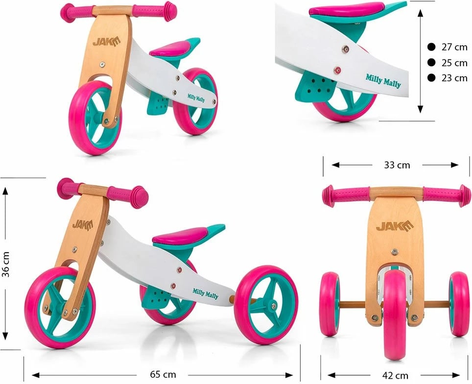 Biçikletë 2-në-1 fëmijësh druri, Milly Mally, JAKE Classic Candy, rrota shkumë 7", sedile e rregullueshme, deri 25 kg, shumëngjyrëshe