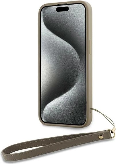 Mbështjellës DKNY Wrist Strap Stock Logo për iPhone 15 Plus, bezhë