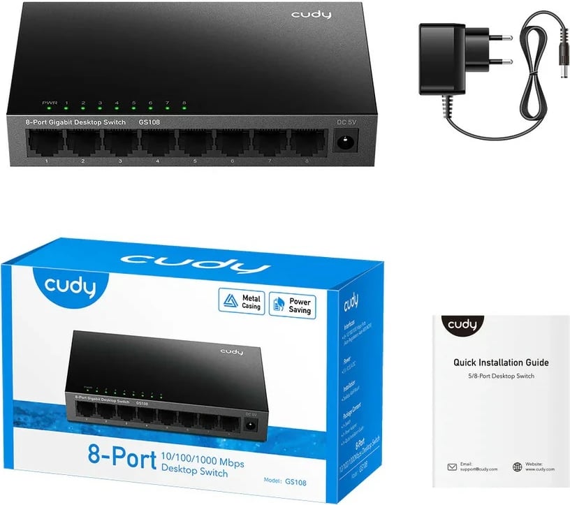 Switch Cudy GS108, 8 porta Gigabit, kasë metalike, i zi