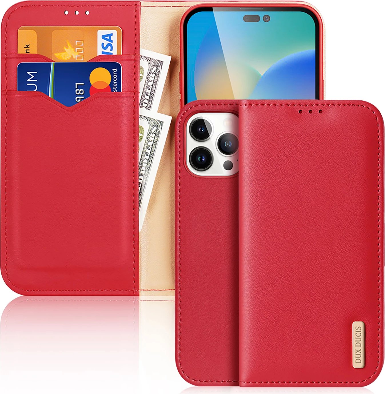 Mbështjellës Dux Ducis Hivo për iPhone 14 Pro Max, lëkurë natyrale, portofol, e kuqe