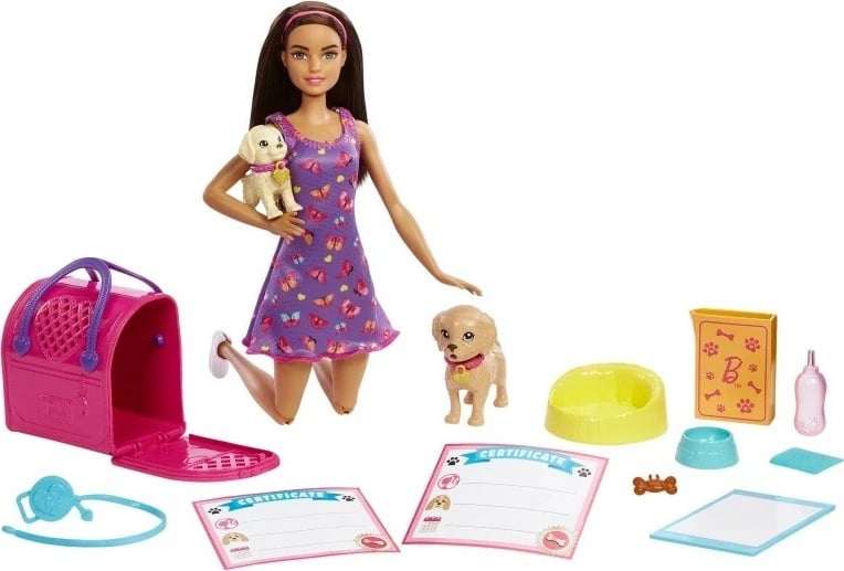 Set lodrash Barbie Puppy Adoption me kukull dhe qenushë, Mattel HKD86, për vajza