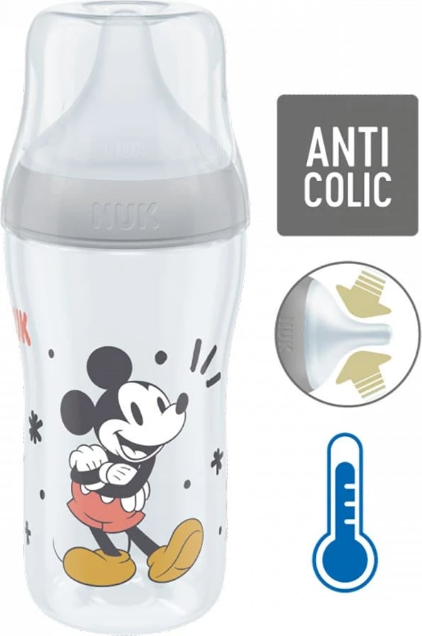 Biberon, NUK, Perfect Match MICKEY, Temperature Control, 260 ml, madhësia M (3m+), gri