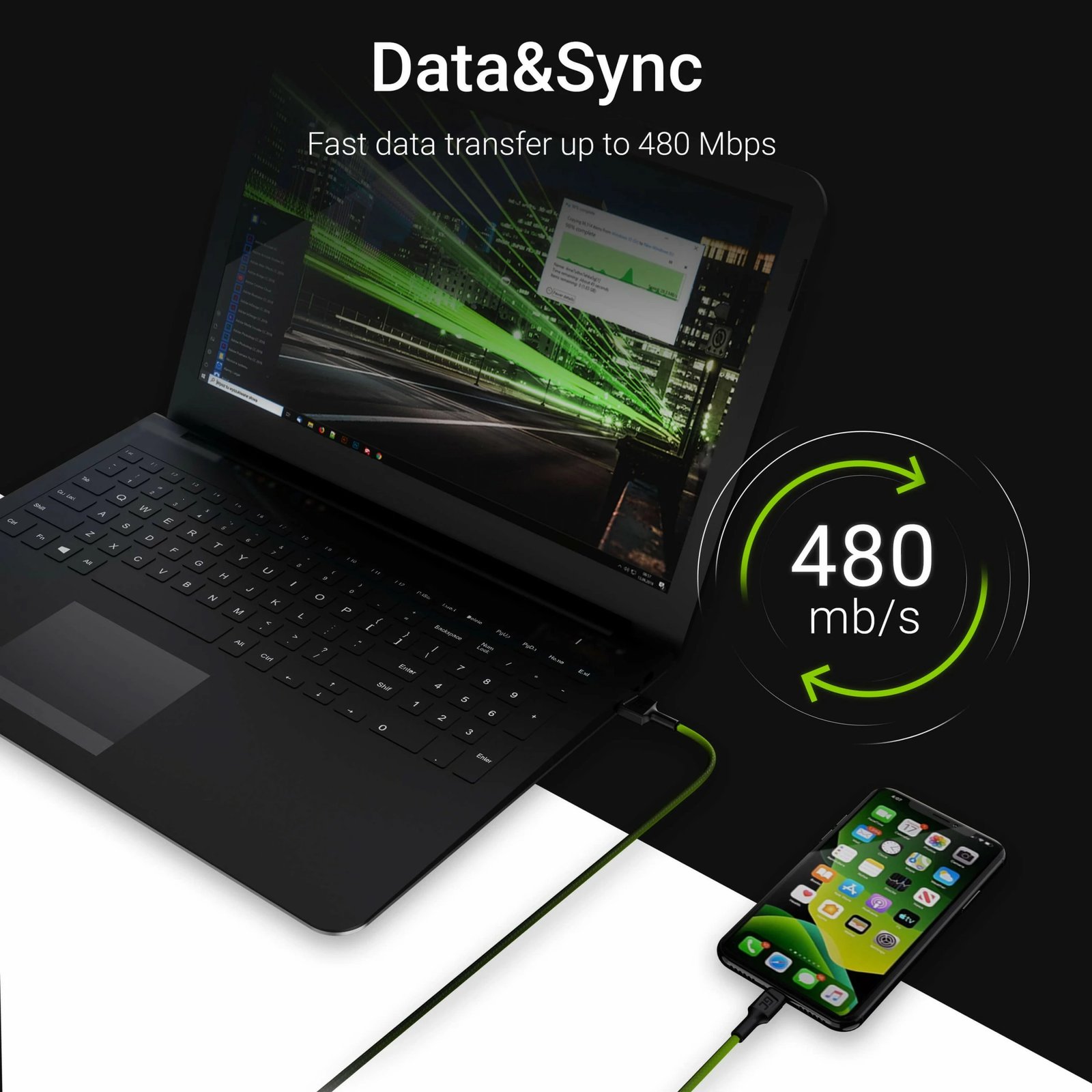 Kabllo Green Cell KABGC05, 1.2 m, Lightning, USB A, Mashkull, Mashkull, E zezë