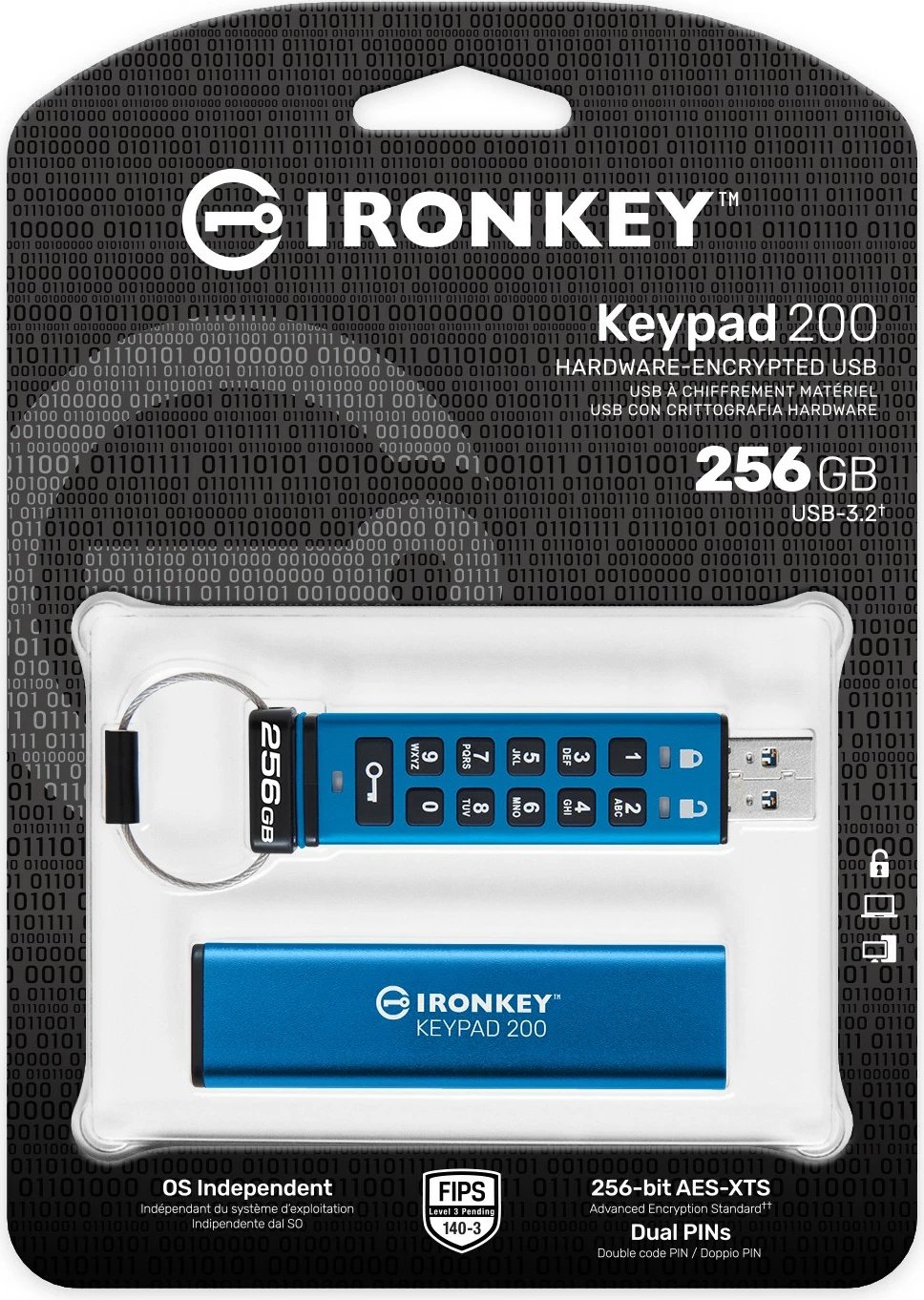 USB stick Kingston IronKey Keypad 200, 256GB, USB 3.2, blu