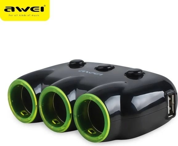 Ndarës çakmaku për makinë AWEI C-3S, 2xUSB, 3 dalje çakmaku, i zi