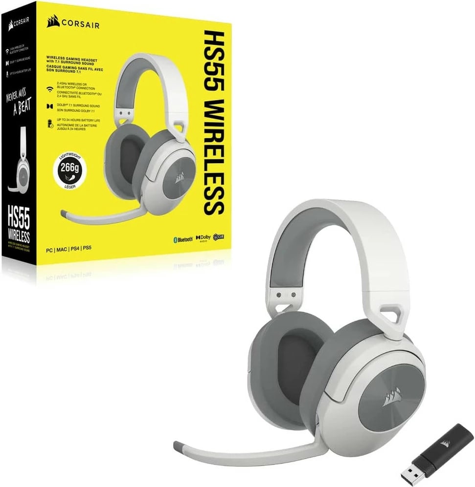 Kufje Corsair HS55 Wireless, Gaming, 274g, Bardhë