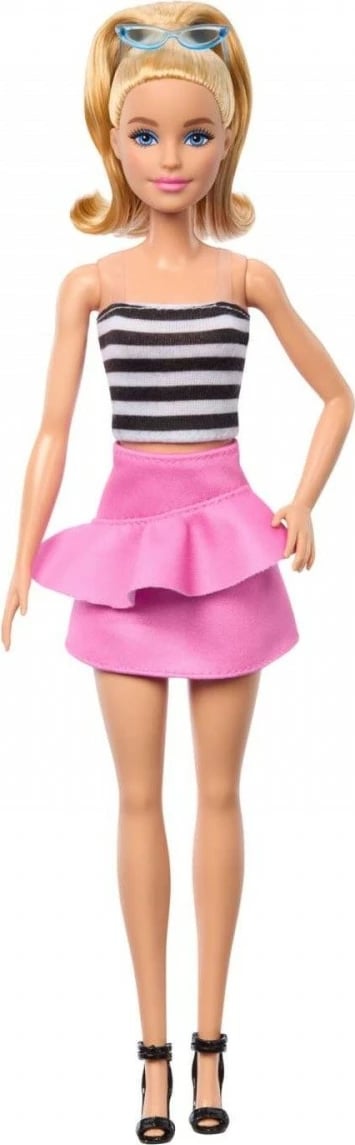 Kukull Barbie Fashionistas Mattel FBR37/HRH11, bluzë me vija të bardha e të zeza, fund rozë, syze dielli blu
