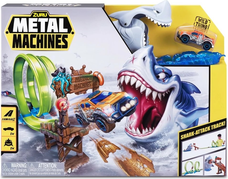 Set pistë garash Metal Machines ZURU Attack of the Shark, me makinë lodër, shumëngjyrëshe Set pistë garash Metal Machines ZURU Attack of the Shark, me makinë lodër, shumëngjyrëshe