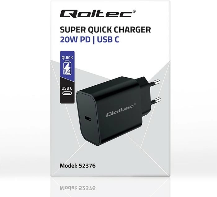 Karikues muri Qoltec 52376, USB-C, 20W, i zi