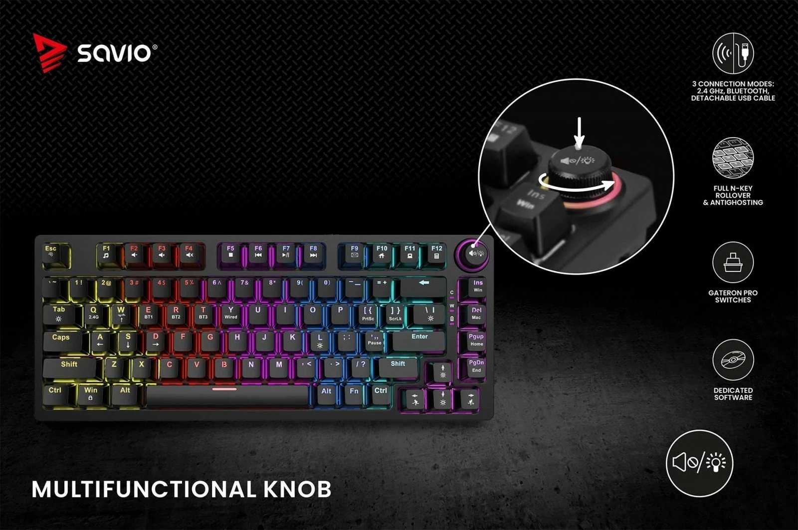Tastierë mekanike wireless Savio Phenix, Gateron Red Pro, 82 taste, RGB, e zezë