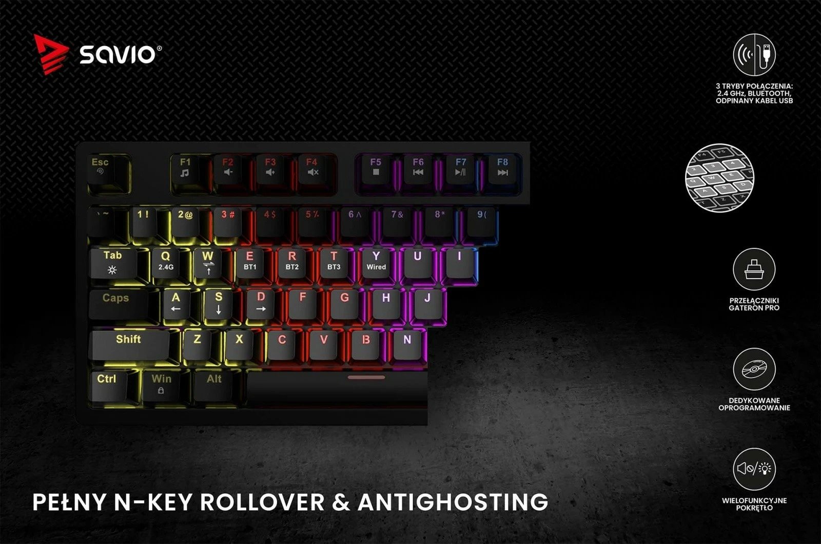 Tastierë mekanike wireless Savio Phenix, Gateron Red Pro, 82 taste, RGB, e zezë