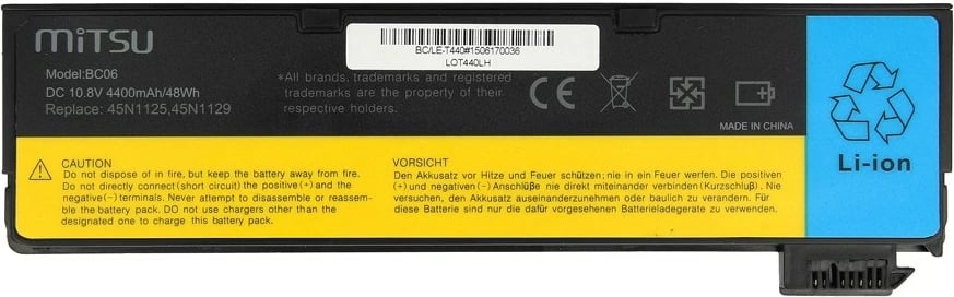 Bateri Mitsu për Lenovo ThinkPad T440, X240, 4400 mAh, 10.8-11.1V, e zezë