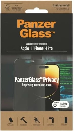 Mbështjellës xhami PanzerGlass Classic Fit Privacy për iPhone 14 Pro, antibakterial