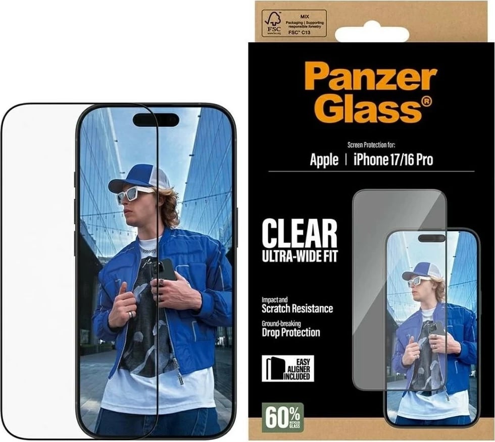 Mbështjellës xhami PanzerGlass Ultra-Wide Fit për iPhone 16 Pro/17, transparent