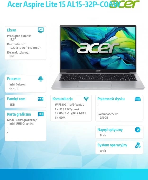 Laptop Acer Aspire Lite 15 AL15-32P-C0AW, 15.6", Intel Celeron N4500, 8GB RAM, 256GB SSD, Gri Laptop Acer Aspire Lite 15 AL15-32P-C0AW, 15.6", Intel Celeron N4500, 8GB RAM, 256GB SSD, Gri