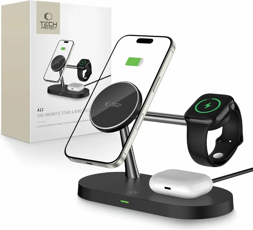 Karikues induktiv 3-në-1 Tech-Protect A12 me MagSafe, për smartphone/kufje/smartwatch, i zi
