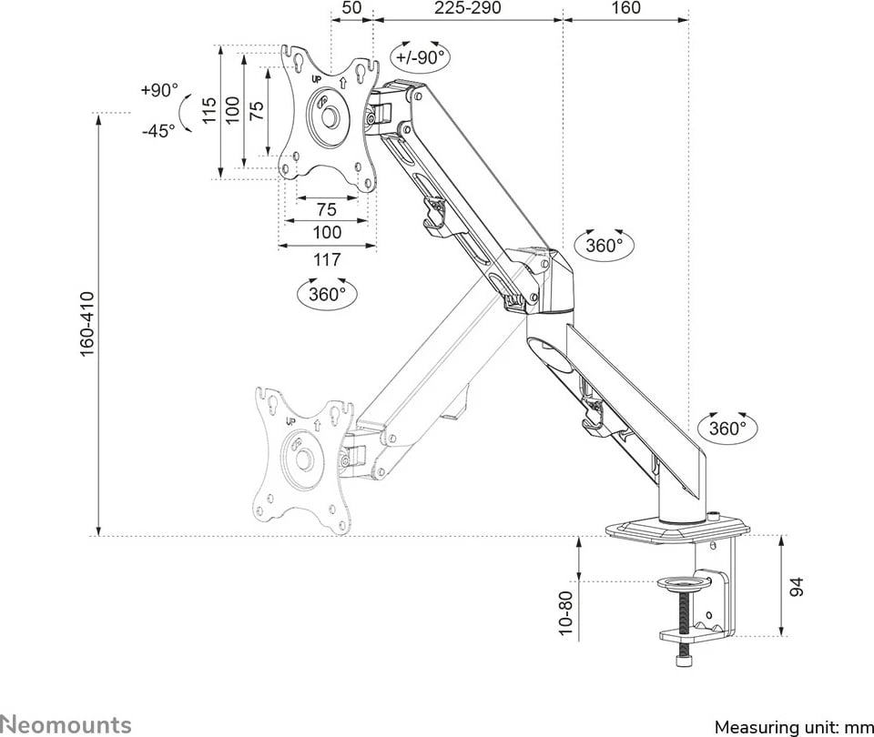 Krah monitori Neomounts DS70-700BL1, gas spring, 17-27 inç, clamp, i zi