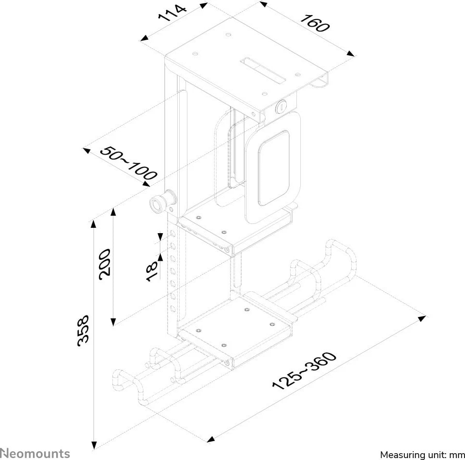 Mbajtës kase Newstar CPU-D075BLACK/LK, çelik, i zi, me kyç, rregullim 200-360mm, 10kg