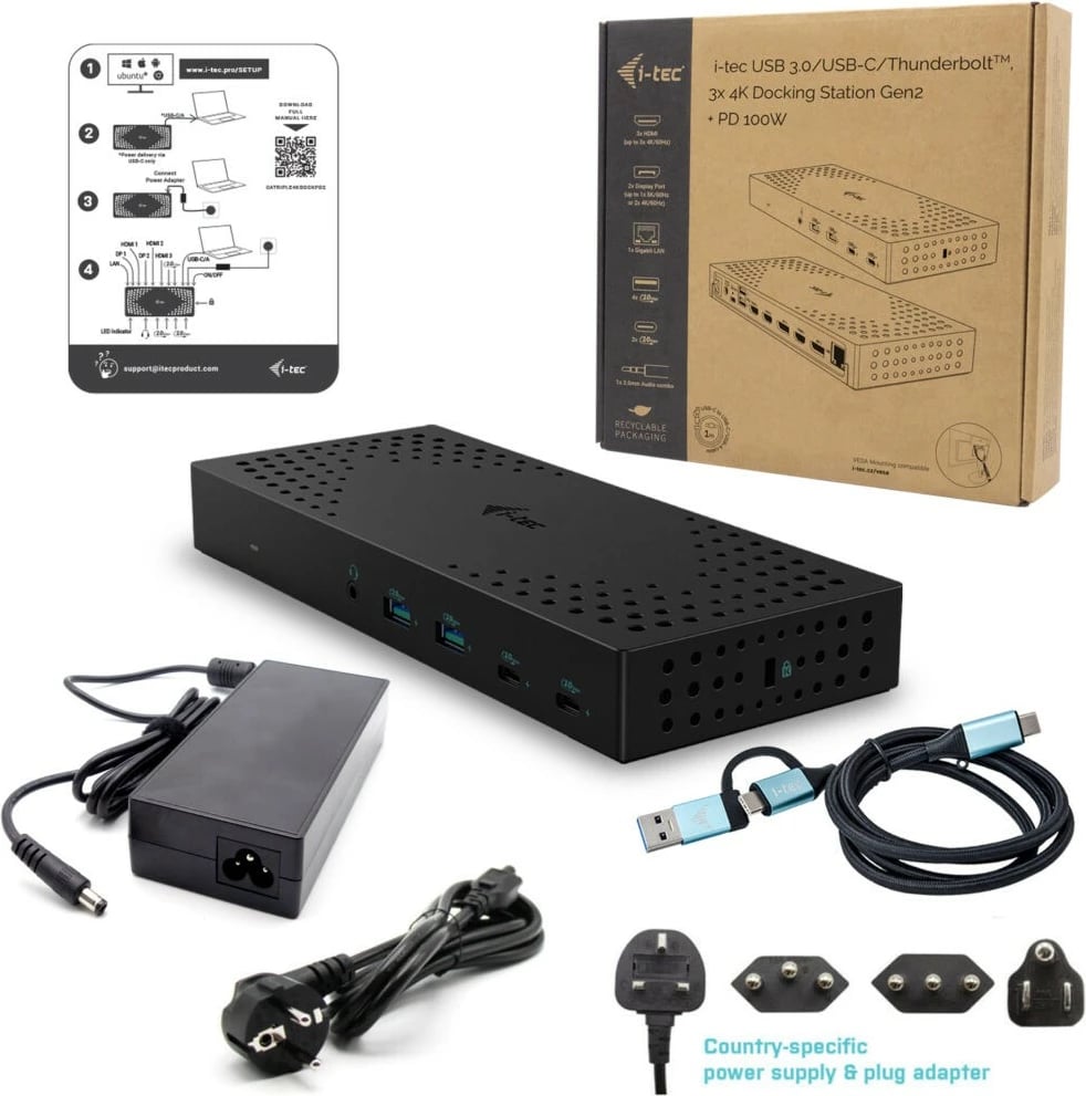 Stacion dokimi i-tec CATRIPLE4KDOCKPD2, 3x 4K, USB 3.0/USB-C/Thunderbolt, 100W, i zi