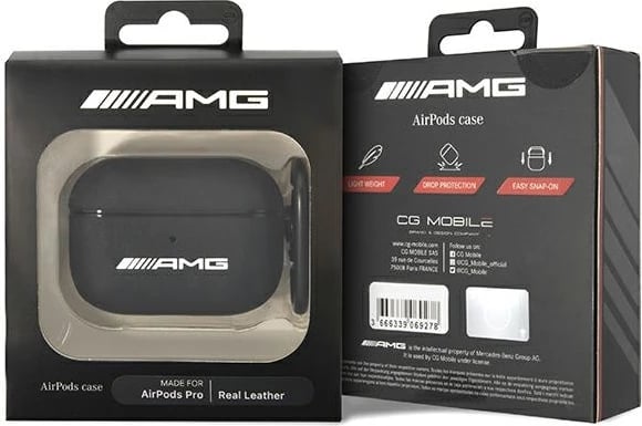 Mbështjellës Mercedes AMG Leather Big Logo për AirPods Pro, i zi
