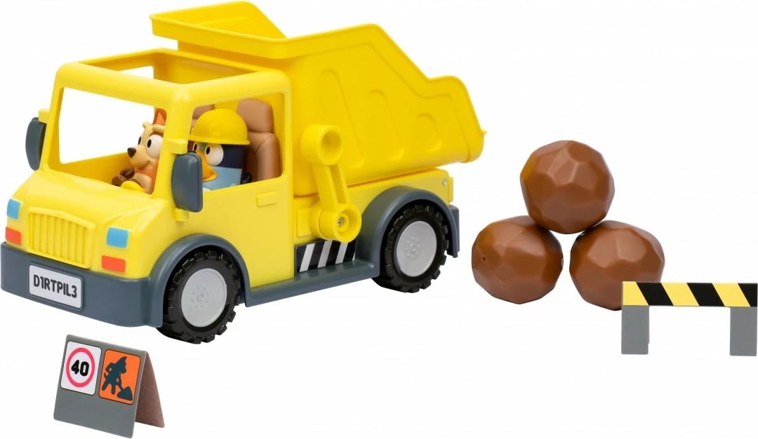 Set lodrash Bluey me kamion dump truck dhe 2 figurina, plastikë, verdhë