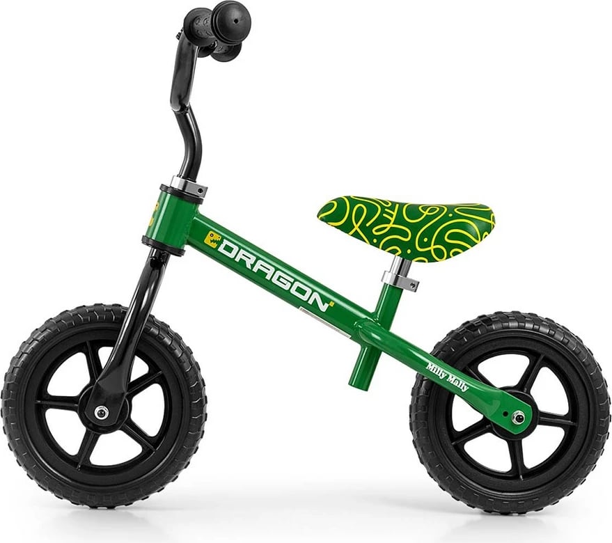 biçikletë balancuese Milly Mally Dragon 10" rrota shkumë, kornizë çeliku, sedilje dhe timon të rregullueshëm, zile, 2–4 vjeç, jeshile
