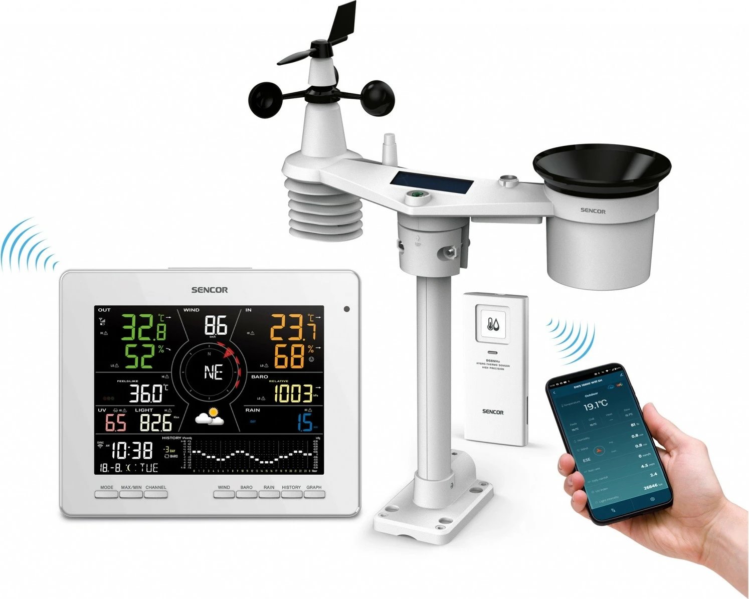 Stacion moti SMART Sencor SWS 16600 WiFi SH, me sensor 7-në-1 dhe TH, i bardhë