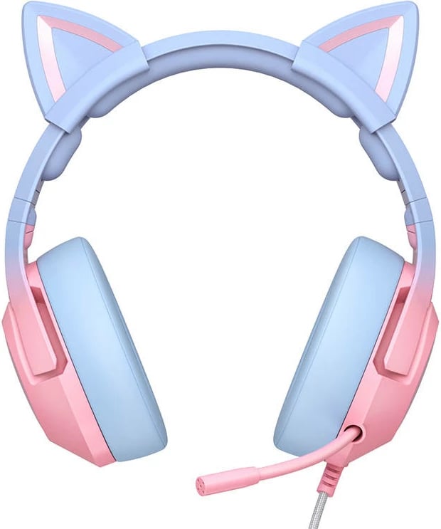 Kufje gaming ONIKUMA K9 me mikrofon, pink-blue, me veshë maceje, RGB