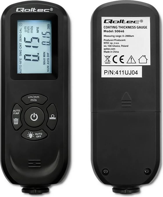 Matës trashësie boje Qoltec 50646, LCD i ndriçuar, 0-2000μm, i zi
