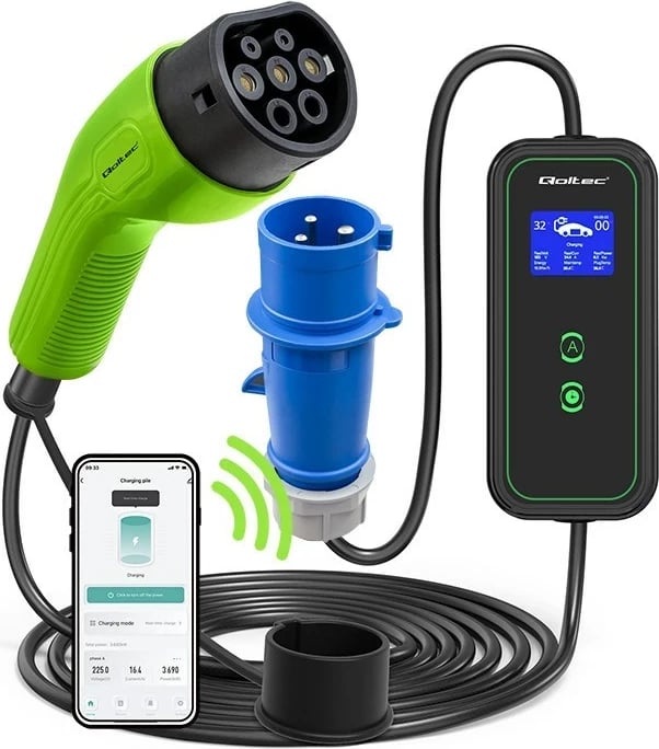 Karikues mobil EV Qoltec, 7kW, 230V, CEE 3 PIN, Wi-fi, LCD, 5m