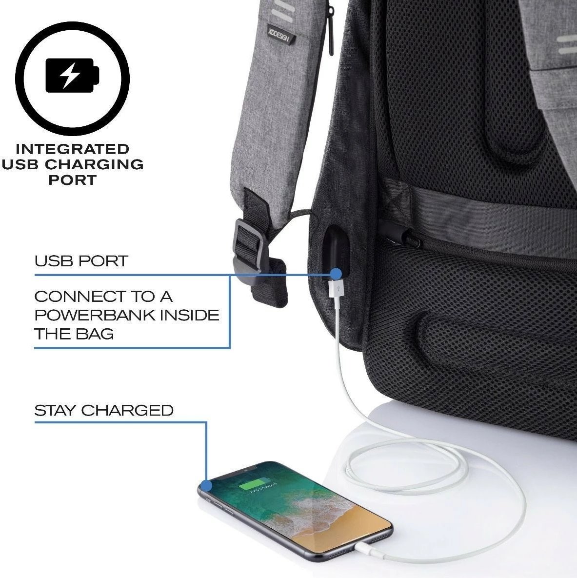 çantë shpine anti‑vjedhje, XD Design, Bobby Hero Small P705.702, 13.3 inç, 10.5L, port USB, RPET, gri