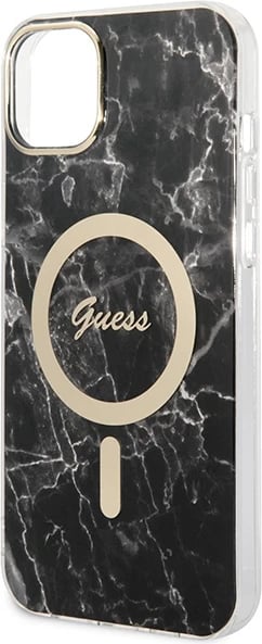 Mbështjellës Guess Marble Collection me MagSafe dhe karikues wireless për iPhone 14 Plus, 6.7", i zi, set