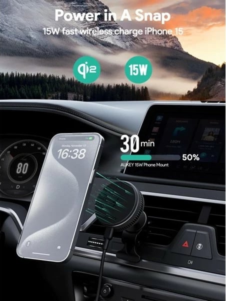 Mbajtës dhe karikues wireless AUKEY MagFusion Dash Pro MagSafe, për veturë, i zi