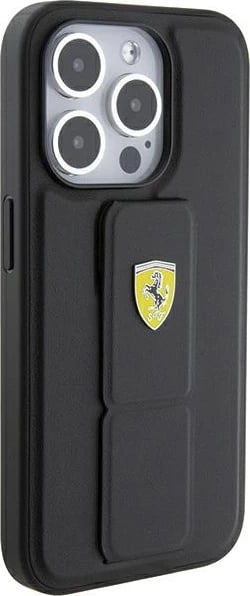 Mbështjellës Ferrari Grip Stand Metal Logo për iPhone 15 Pro, i zi