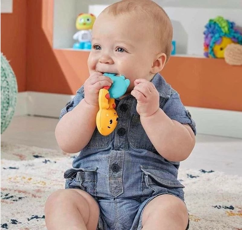 Lodër dhëmbëzimi Fisher Price Rattle Chew Toy Happy Otter, Blu, Kuqe, Verdhe