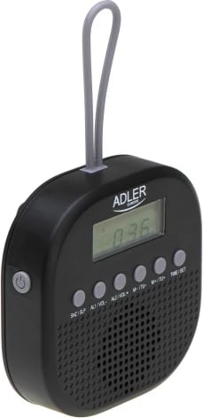 Radio uji-rezistente, Adler AD 1912, FM, IPX4, orë + 2 alarme, snooze 10–90 min, 3x AAA, me varëse silikoni, e zezë