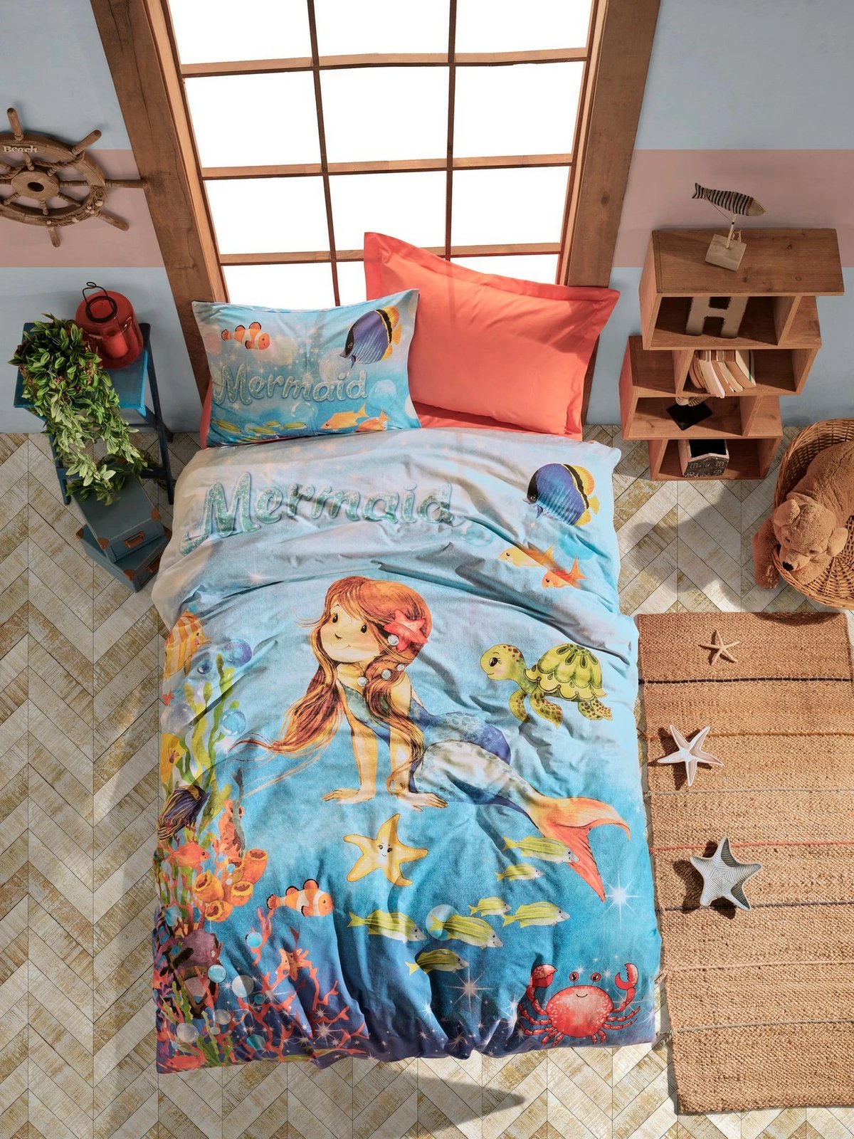 Set mbulesë për jorgan njëpersonësh, Mermaid, ngjyrë korale
