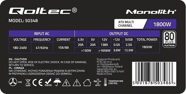 Furnizues i Energjisë Qoltec 50348 ATX 1800W, 80 Plus Platinum për Gaming Miner